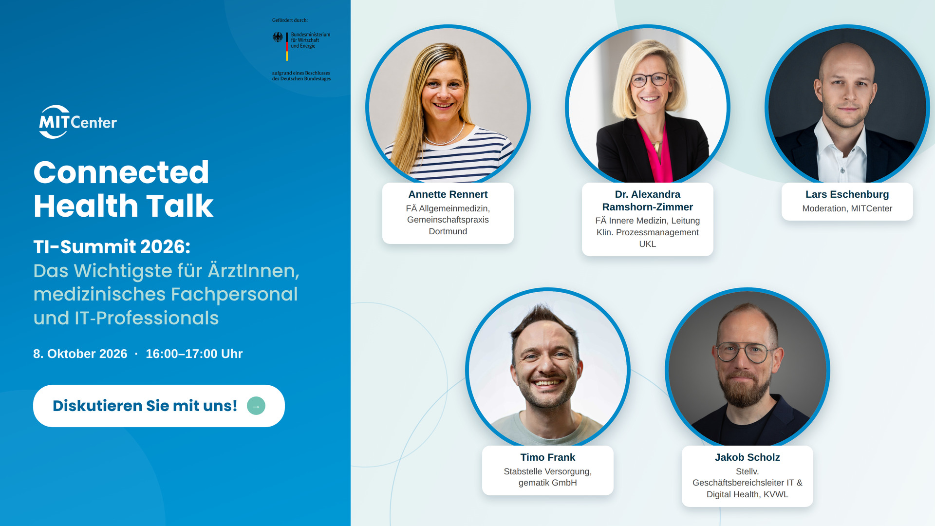 Ankündigungsgrafik Connected Health Talk, TI-Summit 2026: Annette Rennert, Dr. Alexandra Ramshorn-Zimmer, Lars Eschenburg (Moderation), Timo Frank und Jakob Scholz, 8. Oktober 2026, 16:00–17:00 Uhr